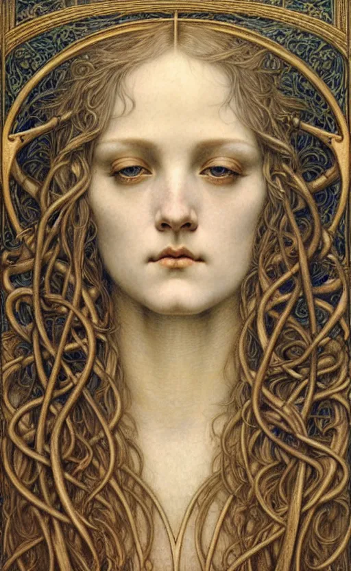 Image similar to detailed realistic beautiful young medieval queen face portrait by jean delville, gustave dore and marco mazzoni, art nouveau, symbolist, visionary, gothic, pre - raphaelite. horizontal symmetry