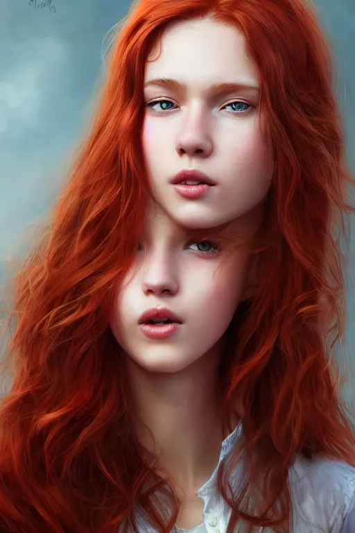 Image similar to ultra realistic style illustration of a beautiful cute red haired joyful 1 9 year old teen, full portrait, long hair, sci - fi, fantasy, intricate, elegant, digital painting, artstation, concept art, smooth, sharp focus, 8 k frostbite 3 engine, ultra detailed, art by artgerm and greg rutkowski and magali villeneuve