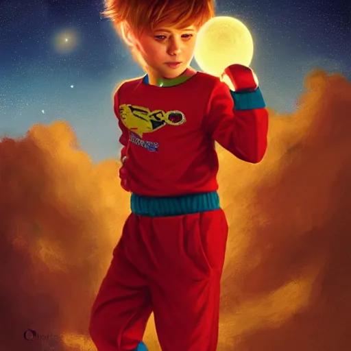 Image similar to colorful and festive captivating young child boy, brown fluffy hair, wearing red and yellow hero suit, shooting a crescent moon out of his fist. full body, rich vivid colors, ambient lighting, dynamic lighting, 4 k, atmospheric lighting, painted, intricate, highly detailed by charlie bowater