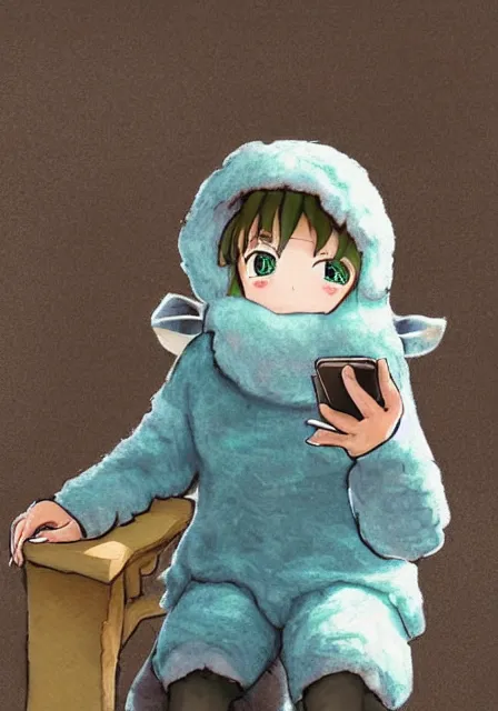 Image similar to beautiful little boy wearing sheep suit using a smartphone while sitting on chair, gray, blue, green and brown pallet color. made in abyss art style, inspired in kris from deltarrune, cute detailed artwork, anatomically correct, soft details,, reflection