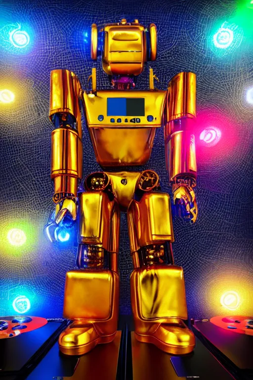 Image similar to portrait photo of a giant huge golden and blue metal humanoid steampunk robot dj with multicolored big gears and headphones, a red dj mixer, eyes are glowing red lightbulbs, shiny crisp finish, 3 d render, 8 k, insaneley detailed, fluorescent colors, background is multicolored lasershow