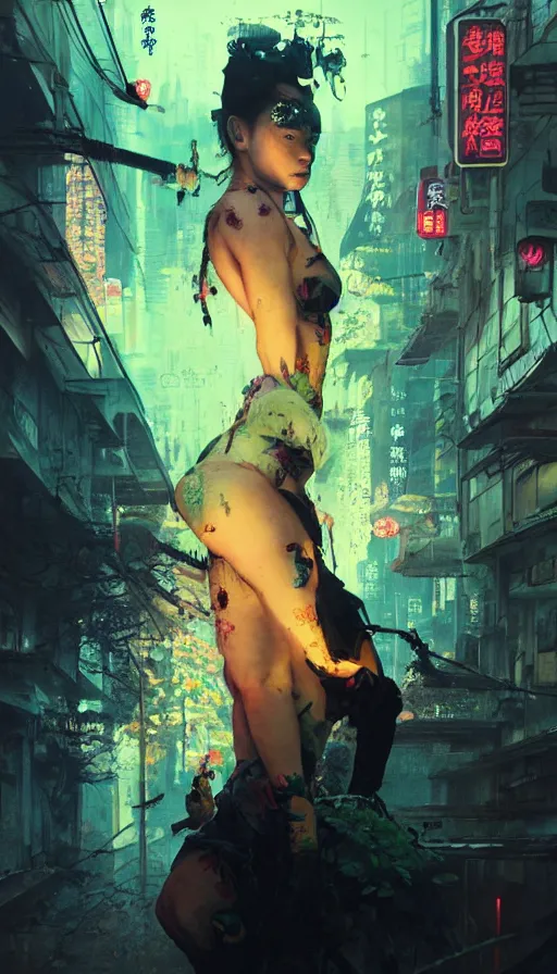 Image similar to altered carbon, jean claude van damme and a young gangster lolita, amazing beauty, visor, neon tattoo, styled hair, decorated traditional japanese ornaments by carl spitzweg, ismail inceoglu, vdragan bibin, hans thoma, greg rutkowski, alexandros pyromallis, perfect face, fine details, realistic shaded