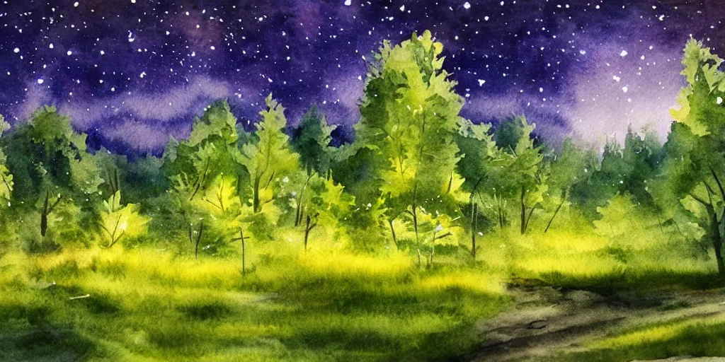 Image similar to nighttime nature landscape, lush, rich greenery, watercolor, ultra realistic, highly detailed, hd, sharp focus, warm colors, realistic, vivid colors, painting, non blurry, sharp, smooth, illustration