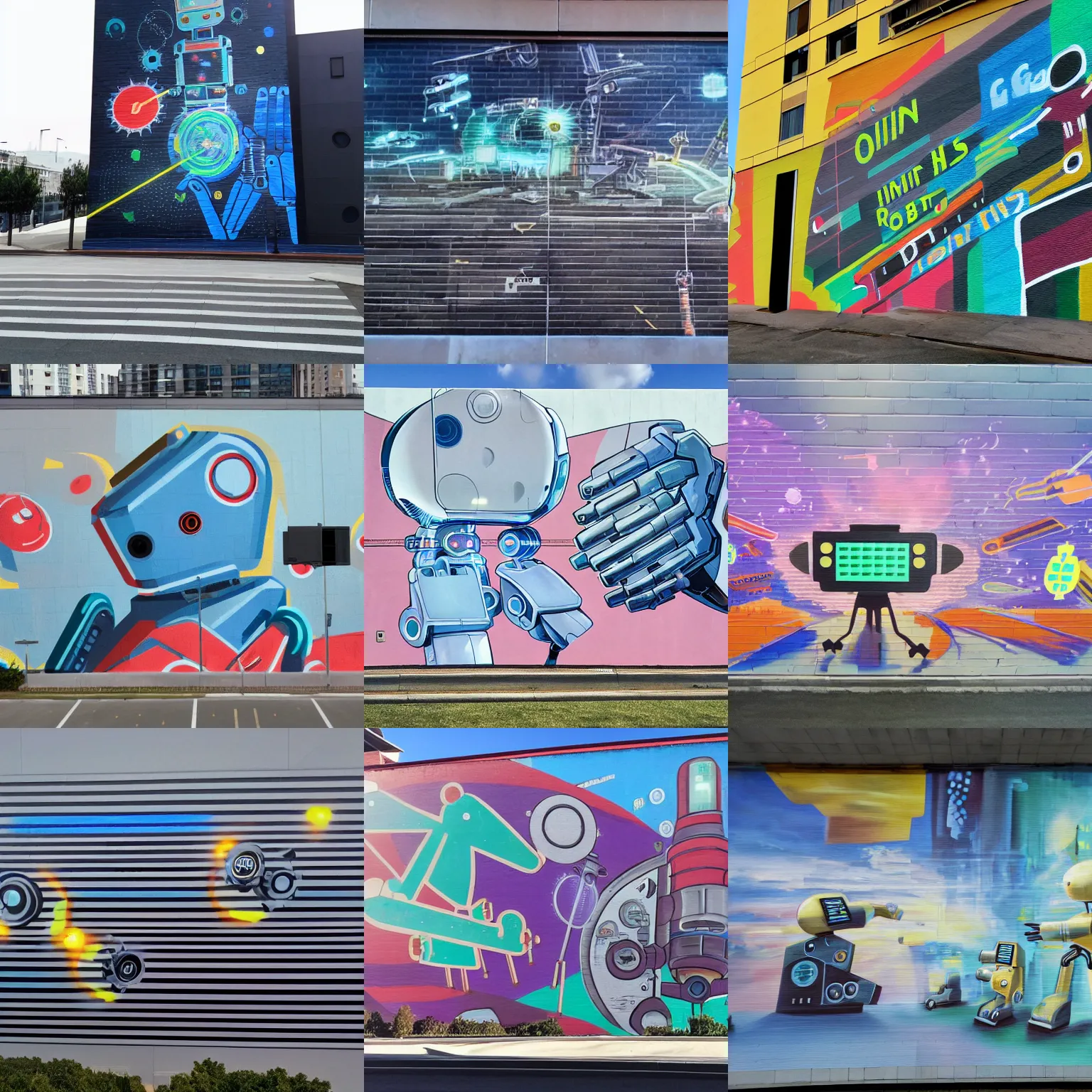 Prompt: < photo quality = high camera = canon > a mural entitled'optimizations are for robots'on the side of a futuristic building < / photo >