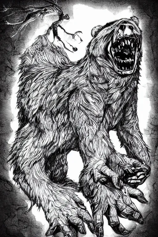 Image similar to black and white illustration, creative design, body horror, bear monster