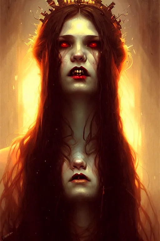 Image similar to young vampire woman portrait by anna podedworna, greg rutkowski, gaston bussiere, simon bisley