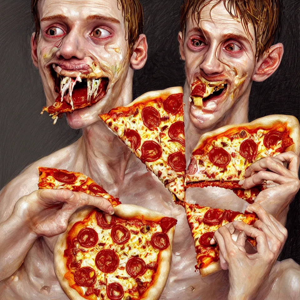 Image similar to bright realistic anorexic man puking pizza and smiling franticly, apartment, rotten flesh, diffuse lighting, fantasy, intricate, elegant, highly detailed, lifelike, photorealistic, digital painting, artstation, illustration, concept art, smooth, sharp focus, art by francis bacon and jenny saville