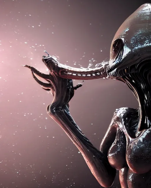 Prompt: cinematic full - body - shot still of kim kardashian being syphon fed by an xenomorph in a transparent alien liquid, wet flowing hair, gooey skin, illustration, unreal engine 5, 8 k, made by h. r. giger.