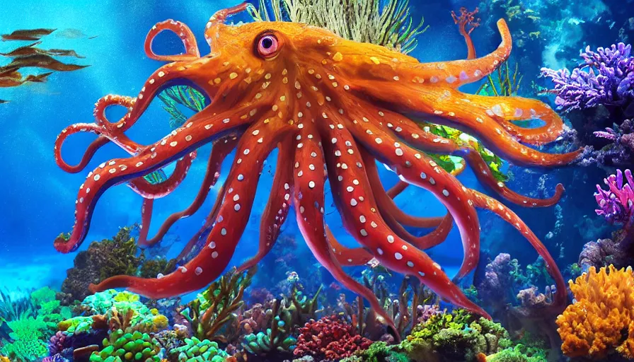 Prompt: a beautiful, noble, giant octopus of exquisite color : 1, underwater scenery, beautiful colorful corals, african cichlids and other species of small tropical sea - life, god - rays, volumetric lighting, 8 k, digital art
