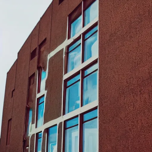 Prompt: a wall of a building with a stream of chocolate milk coming out from the windows