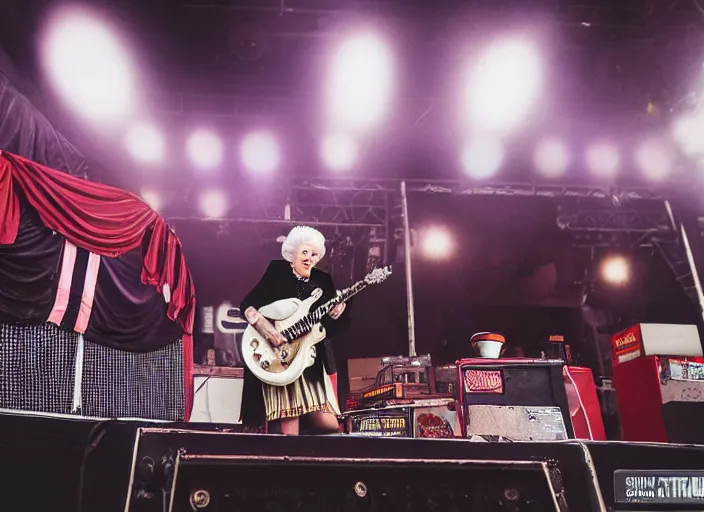 Image similar to photo still of queen elizabeth on stage at vans warped tour!!!!!!!! at age 7 0 years old 7 0 years of age!!!!!!! shredding a guitar on stage, 8 k, 8 5 mm f 1. 8, studio lighting, rim light, right side key light