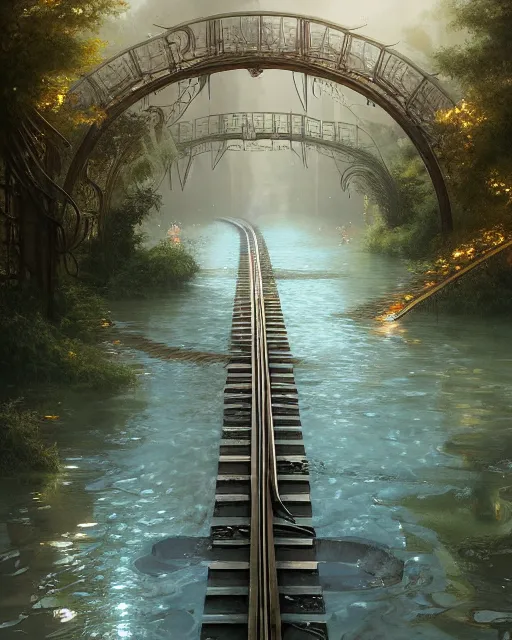 Image similar to train tracks stretching out toward the horzon that are slightly submerged under a wide pool of water, intricate, elegant, highly detailed, digital painting, artstation, concept art, smooth, sharp focus, illustration, art by artgerm and greg rutkowski and fra angelico