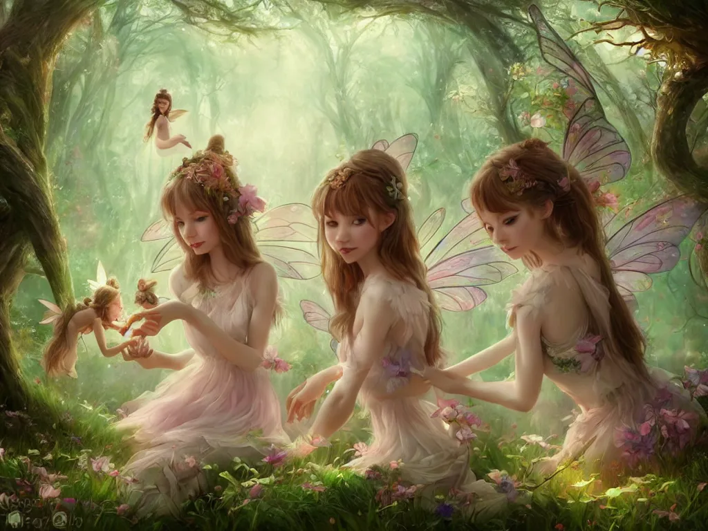 Image similar to two cute fairy in the dreamy forest, fantasy, dreamlike, 8 k resolution, hyper detailed, d & d, character design, digital painting, trending on artstation, sharp focus, illustration, art by artgerm, viktoria gavrilenko, hoang lap, fuji choko, steve zheng