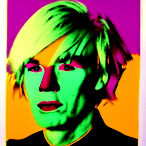 Prompt: colour portrait of angry andy warhol, 20 years old. andy's shoulders are visible in the frame. andy looks straight into the camera. in the style of andy warhol
