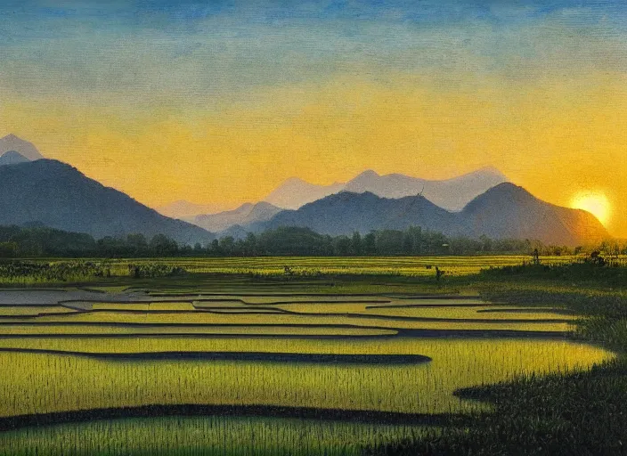 Prompt: painting of a rice paddy with two big mountains in the background, an asphalt road in the middle of paddy, big yellow sun rising between the mountain, old master masterpiece