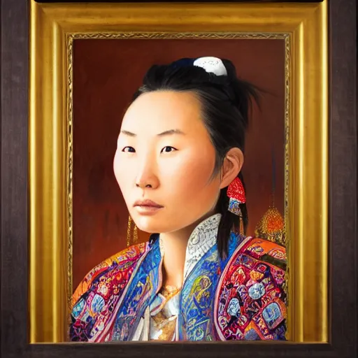 Image similar to portrait of an mongolian woman ( 3 5 ) from mongolia in 2 0 2 1, an oil painting by ross tran and thomas kincade