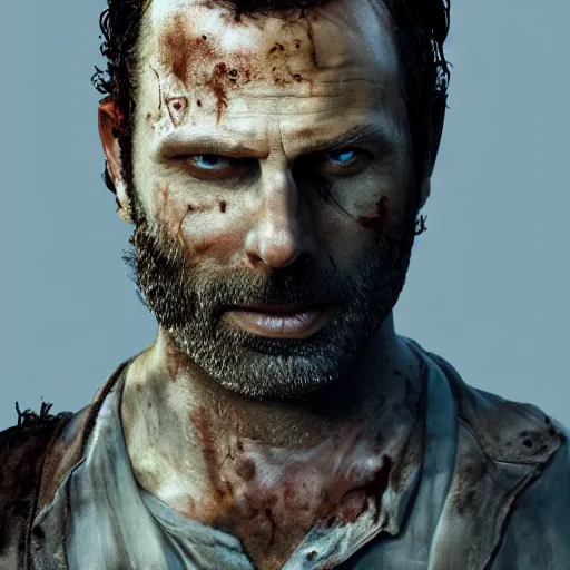 Image similar to rick grimes, the walking dead, zombie, head and shoulders shot, fantasy, medieval, vivid colors, elegant, concept art, sharp focus, digital art, Hyper-realistic, 4K, Unreal Engine, Highly Detailed, HD, Dramatic Lighting by Brom, trending on Artstation