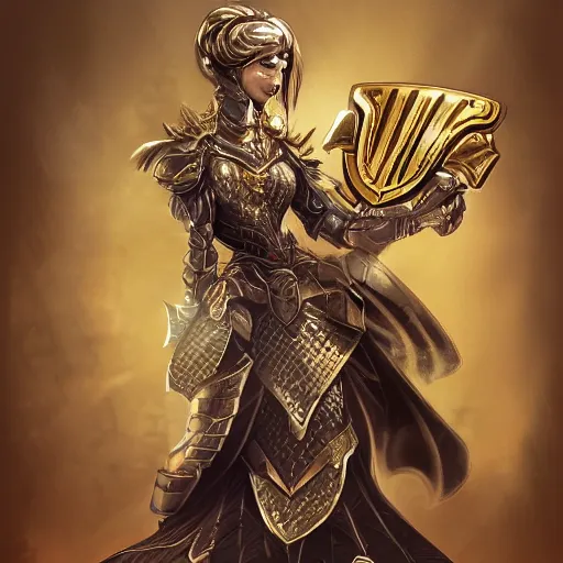 Image similar to armored girl holding a golden shield embroiled in intricate details, concept art