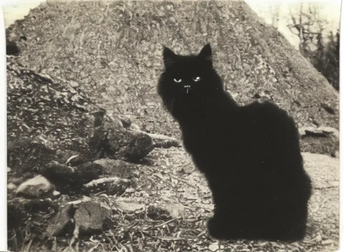 Prompt: polaroid photograph of black persian cat staring contemptuously at people as a mesolithic shaman wearing a headdress