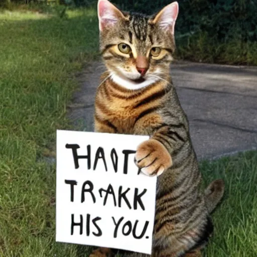 Image similar to a tabby cat holding a sign that says thank you!