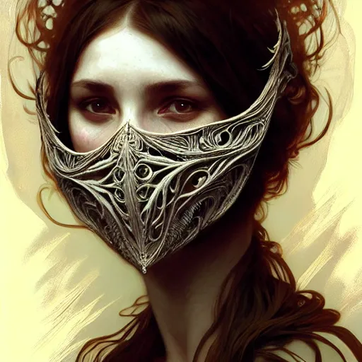 Prompt: Girl wearing an intricate mask made of feather and bone, face, detailed, intricate, elegant, highly detailed, digital painting, artstation, concept art, smooth, sharp focus, illustration, art by Krenz Cushart and Artem Demura and alphonse mucha