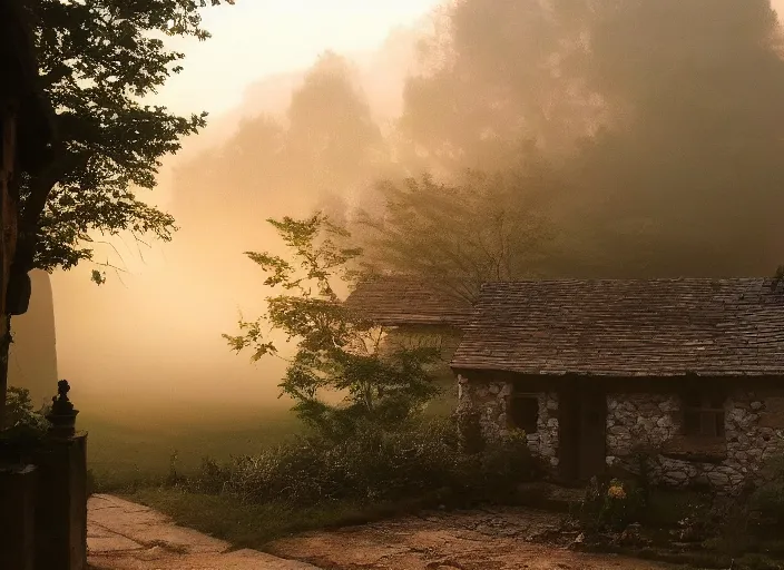 Image similar to and furnished by the late afternoon light, mist curdling like a blurry feast, the haze descends upon this idyllic village, and it is time to rest. the most pleasing, soothing sound can be heard from secret corners of this cozy place. we are safe inside these walls. we are at peace.