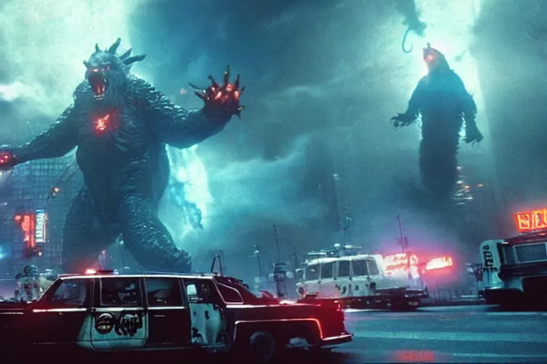 Image similar to film still of the ghostbusters fighting a kaiju in tokyo in the new pacific rim king of the monsters movie
