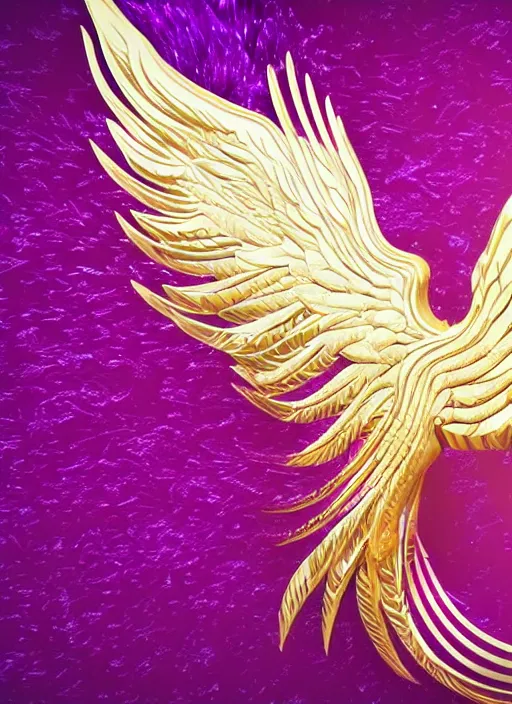 Image similar to white phoenix purple gold colour salt crystals sharp detail 3d render simple background graphic ultra simplified deco design fai khadra gaika style