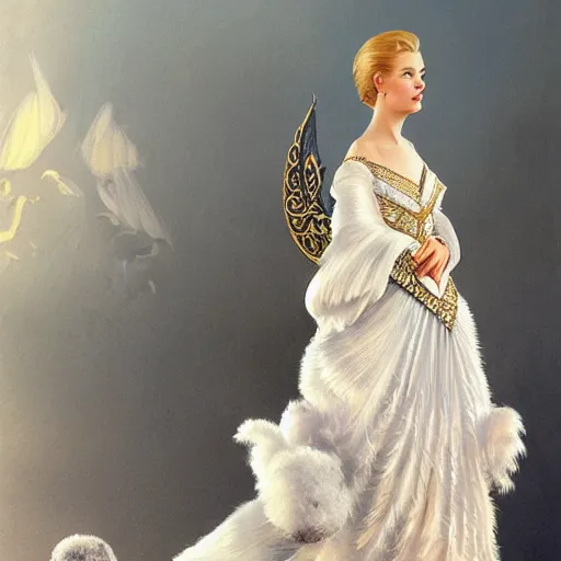 Prompt: Grace kelly with a decorated dress made of white pearls and white plumes of swan, highly detailed, realistic digital painting, Trending on artstation , HD quality, by artgerm and greg rutkowski and alphonse mucha, dramatic light, octane