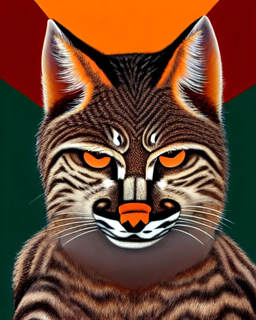 Image similar to eric - anthony johnson comic cover art, bobcat! with orange fur, symmetrical eyes, symmetrical face, white shirt!, cinematic lighting