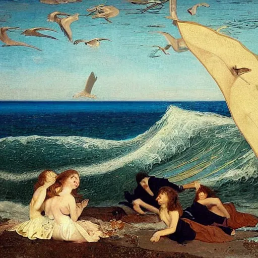 Image similar to A beautiful land art of a blue ocean with waves crashing against the shore. The sun is shining brightly and there are seagulls flying in the sky. golden by Ayami Kojima, by Philippe de Champaigne, by Richard Dadd chaotic