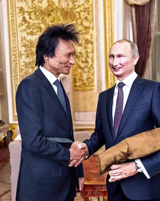 Prompt: sixty years old viktor tsoi with joyful look in a business suit shaking hands with vladimir putin in kremlin, mscow, color photo, mid shot photo, digital photo, 4 k