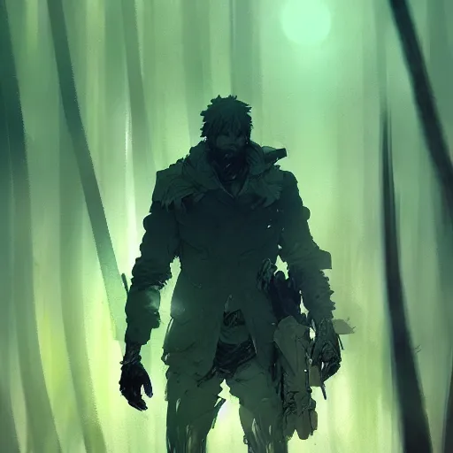 Prompt: man in the desolate forest looking for wifi by Akihito Yoshitomi AND Yoji Shinkawa AND Greg Rutkowski, Mark Arian trending on artstation