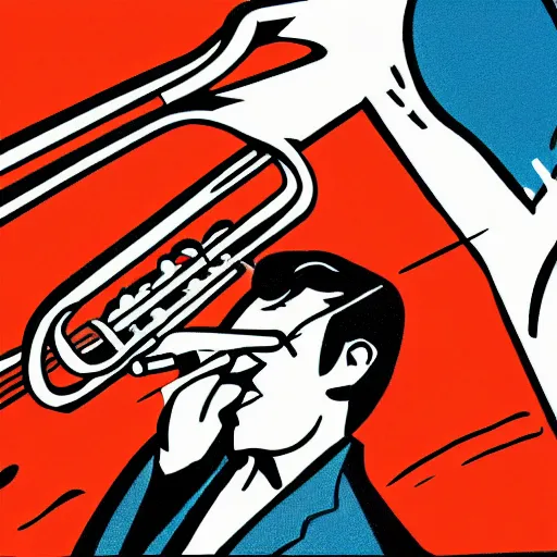 Image similar to detailed pop art comic illustration of a person playing a trumpet