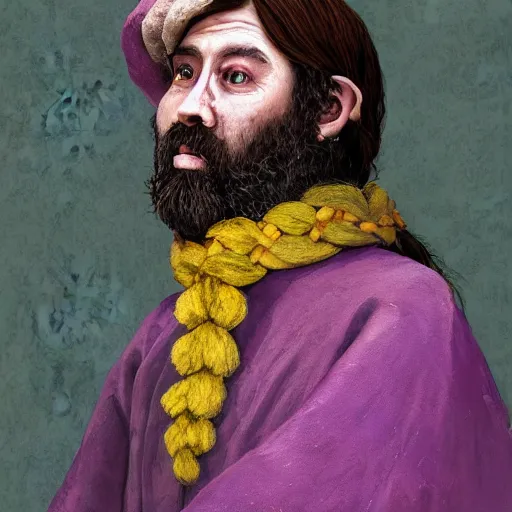 Image similar to A professional digital portrait painting of a hippie D&D druid, painted by Wes Anderson, painted by Hayao Miyazaki, dressed in light armor, 4k, digital art, trending on cgsociety, highly detailed, head and shoulders shot, shallow depth of field, purple and yellow lighting, professional lighting, airbrush,