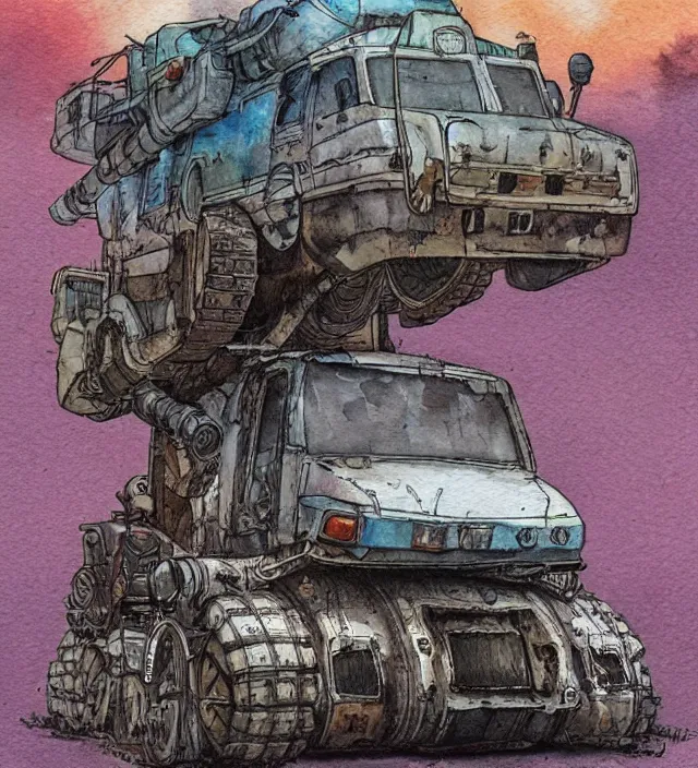 Prompt: a watercolor ink painting of a post - apocalyptic mad max / fallout style tank in the style of jean giraud in the style of moebius trending on artstation deviantart pinterest detailed realistic hd 8 k high resolution