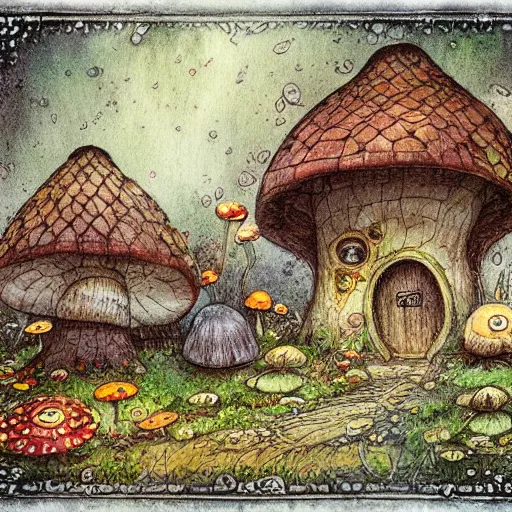 Prompt: pencil lines, heavy outlines, beautiful colorful whimsical storybook style full page antique ornate lithograph of moss, mushroom and flower covered knome hobbit giant mushroom house by Jean-Baptiste Monge, post processing, painterly, book illustration watercolor granular splatter dripping paper texture. Trending on artstation, post processing, pen and ink work. sharp focus.