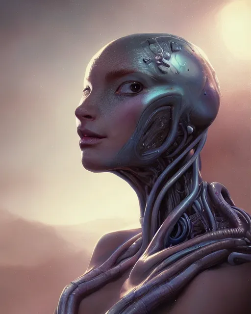 Image similar to a beautiful female alien posing on a car, beautiful face, highly detailed face, close - up, fantasy art, female art, in the style of greg rutkowski, illustration, epic, fantasy, intricate, hyper detailed, artstation, concept art, smooth, sharp focus, ray tracing