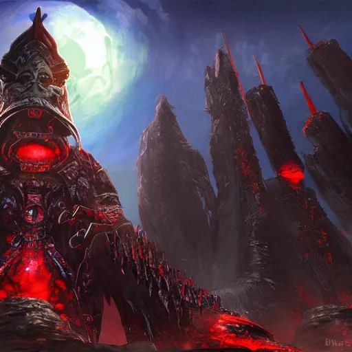 Image similar to penguin with red glowing eyes in the foreground, eternal necropolis tower in the background, guild wars 2 art style