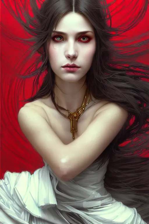 Prompt: portrait of cyberpunk woman, dark fantasy, gradient white red grey, dreamy and ethereal, brown eyes, golden ratio, peaceful expression, ornate frilly dress, fantasy, intricate, elegant, clouds and wind, highly detailed, digital painting, artstation, concept art, smooth, b sharp focus, illustration, art by artgerm and greg rutkowski and alphonse mucha