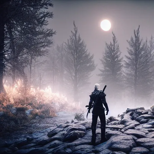 Image similar to the wild hunt, spectres, apparitions, unholy, riding in the sky, bad omen, enchanted forest, blizzard storm, fog, full moon, snowy environment, in the style of the witcher series, hyperrealism, breathtaking, award winning, groundbreaking, octane render, unreal 5, intricate digital art, 8 k hi - res