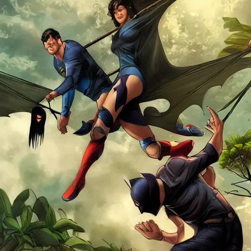 Image similar to batman and superman are playing volleyball in a jungle, volleyball in the air, volleyball net, in the style of greg rutkowski and artgerm, high detail