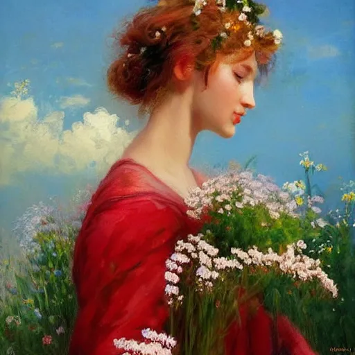 Image similar to a portrait of a romantic woman with flowers grow out of hair, roses peonies forget-me-nots dahlias lupins gladioli, sky theme in background, by Alexandr Averin, Digital Art, Trending on artstation