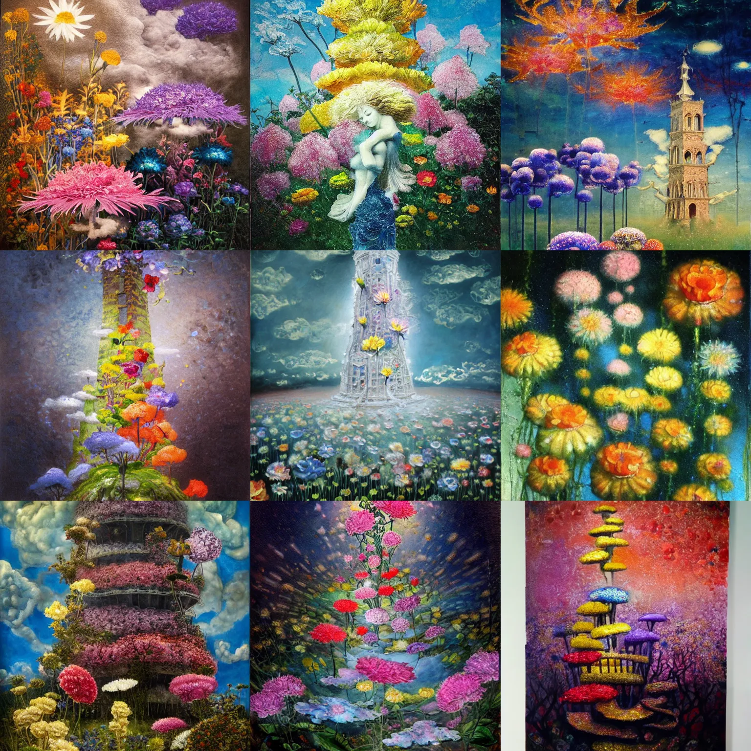 Prompt: The flower tower, oil painting, award-winning, highly detailed palette knife oil painting, thick impasto, painterly, autochrome, pinhole, realistic lighting, chiaroscuro, very ethereal, very ethereal, silver color, dark, chiaroscuro, nacre, pastel oil inks, , paint-on-glass painting by Chiho Aoshima, Yoshitomo Nara, Huang Yuxing and Aya Takano , Superflat art movement, chibi, soft pastel colors, pinguin, soft, very ethereal, silver color, dark, chiaroscuro, nacre, pastel oil inks, paint-on-glass painting