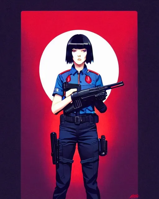 Prompt: girl wearing uniform, holding gun | | audrey plaza, fine detail!! anime!! realistic shaded lighting!! dramatic!! poster by ilya kuvshinov katsuhiro otomo ghost - in - the - shell, magali villeneuve, artgerm, jeremy lipkin and michael garmash and rob rey