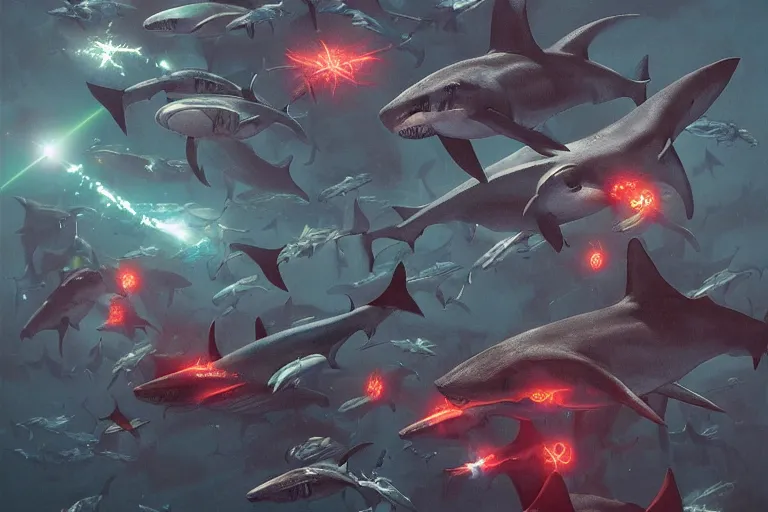 Image similar to a detailed tarot card of freaking sharks with freaking laser beams on their heads, neon outline, swarm of sci fi sharks, 8 k, artstation, art by greg rutkowski, pixiv