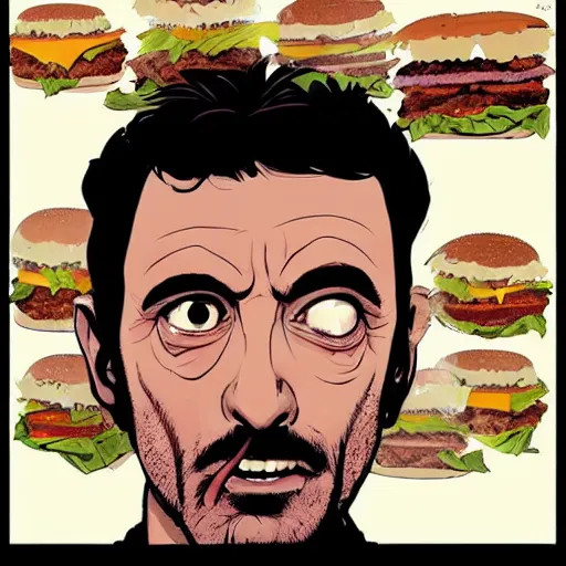 Prompt: a study of cell shaded portrait of Al Pacino eating burgers, llustration, post grunge, concept art by josan gonzales and wlop, by james jean, Victo ngai, David Rubín, Mike Mignola, Laurie Greasley, highly detailed, sharp focus, alien, Trending on Artstation, HQ, deviantart, art by artgem