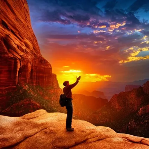 Prompt: award winning cinematic still of man studying the bible in zion national park, rock formations, colorful sunset, epic, cinematic lighting, dramatic angle, heartwarming drama directed by Steven Spielberg, wallpaper