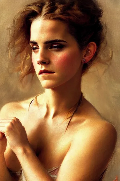 Prompt: detailed portrait of a beautiful emma watson 1 9 9 0 s hairstyle muscular, painting by gaston bussiere, craig mullins, j. c. leyendecker