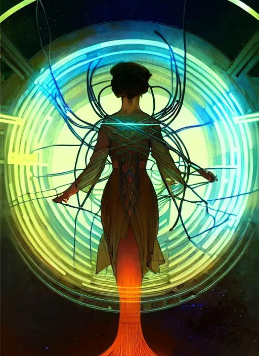 Image similar to high depth, collective civilization peace, calm, healing, resting, life, hybrids, scifi, glowing lights!!, published concept art, mixed medias, image overlays, sharp focus, thin glowing wires, winning illustration, art by greg rutkowski and alphonse mucha, singularity!!!, 3 6 0 projection